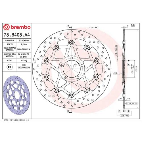 Brembo Front Motorcycle Brake Disc 78B408A4 – Floating, Perforated, 330 mm