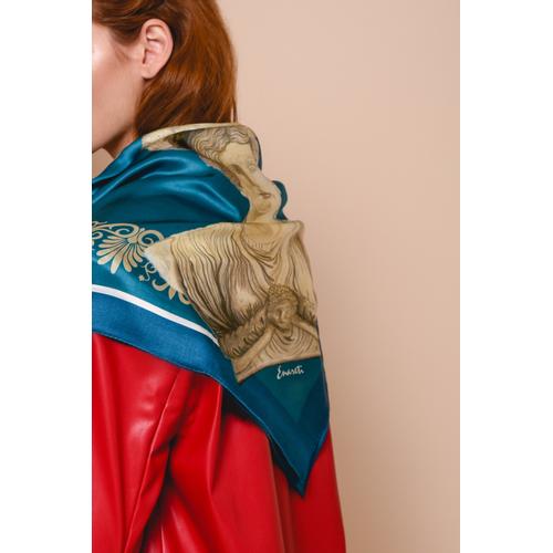 Women's Handmade Silk Scarf with Bust of Caryatid Print - Blue