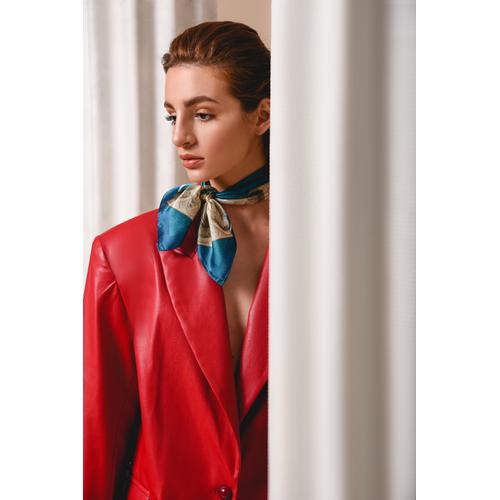 Women's Handmade Silk Scarf with Bust of Caryatid Print - Blue