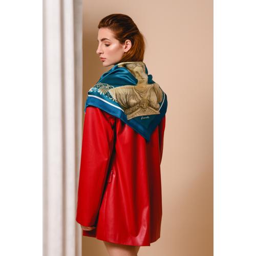 Women's Handmade Silk Scarf with Bust of Caryatid Print - Blue