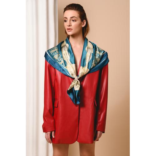 Women's Handmade Silk Scarf with Bust of Caryatid Print - Blue