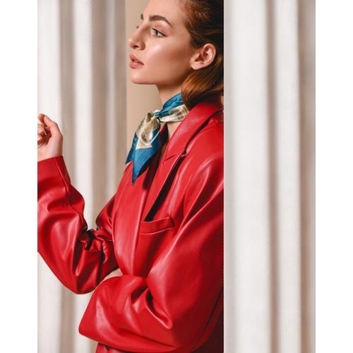 Women's Handmade Silk Scarf with Bust of Caryatid Print - Blue