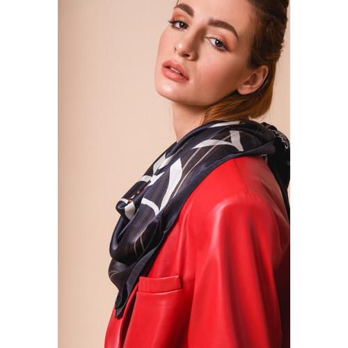 Women's Handmade Silk Scarf with Flower Print Black