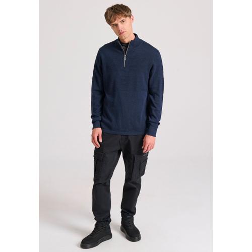 Men's Half-Zip Sweater with Waffle Weaving Pattern – Timeless Melange Knit Style