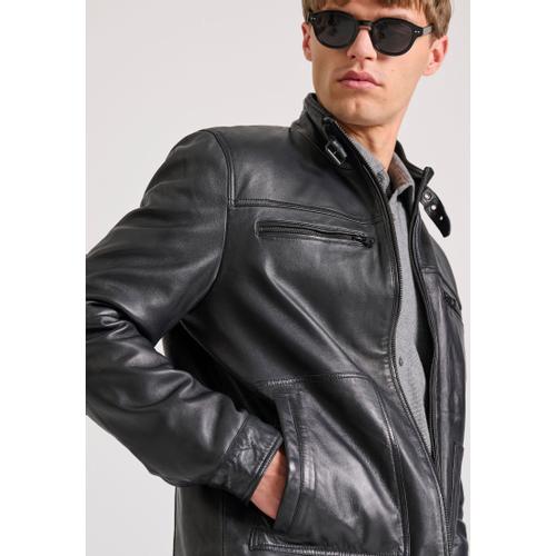 Men's Leather Jacket with Light Padding and Multiple Pockets