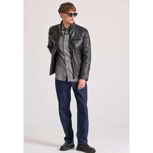 Men's Leather Jacket with Light Padding and Multiple Pockets