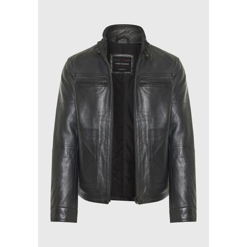 Men's Leather Jacket with Light Padding and Multiple Pockets
