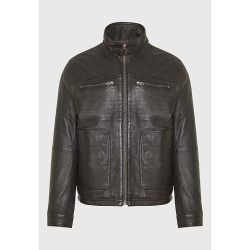 Men's Leather Jacket with Light Padding and Multiple Pockets