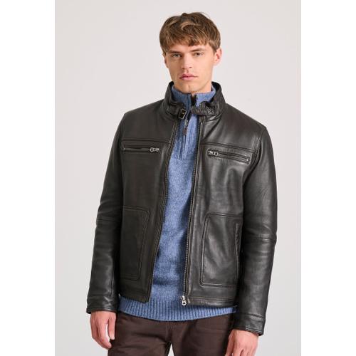 Men's Leather Jacket with Light Padding and Multiple Pockets
