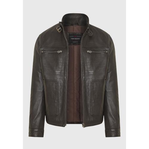 Men's Leather Jacket with Light Padding and Multiple Pockets