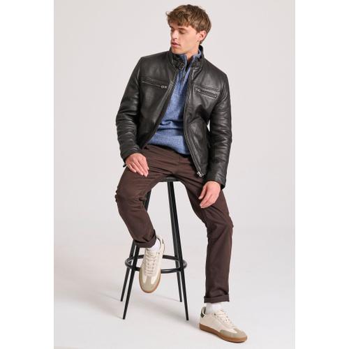 Men's Leather Jacket with Light Padding and Multiple Pockets
