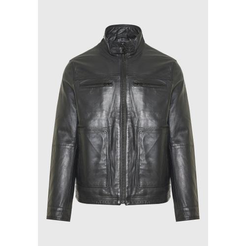 Men's Leather Jacket with Light Padding and Multiple Pockets