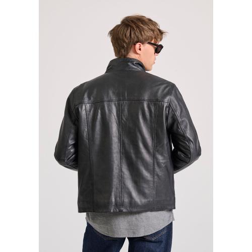 Men's Leather Jacket with Light Padding and Multiple Pockets
