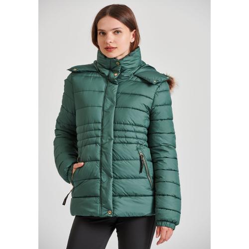 Women's Quilted Puffer Jacket with Detachable Faux Fur Hood