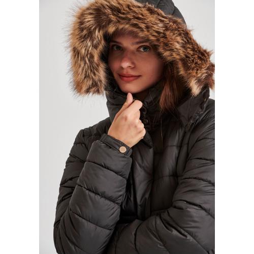 Women's Quilted Puffer Jacket with Detachable Faux Fur Hood