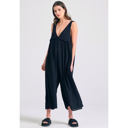Women’s Artificial Jumpsuit with Ruffles, Low V-Neck & Button Fly Closure