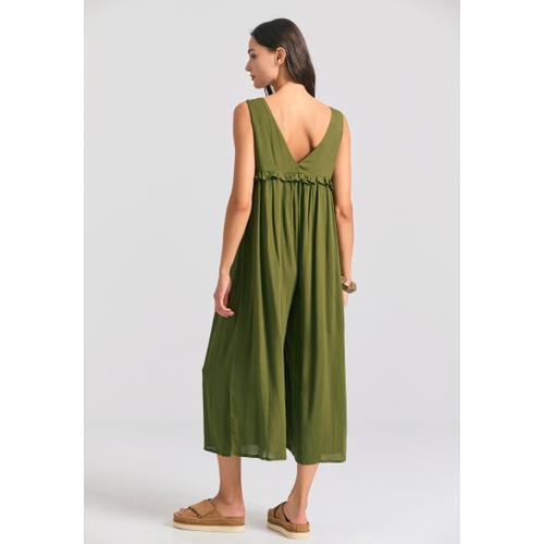 Women’s Artificial Jumpsuit with Ruffles, Low V-Neck & Button Fly Closure