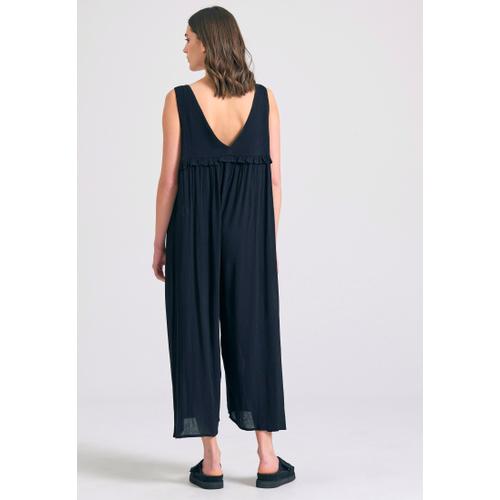Women’s Artificial Jumpsuit with Ruffles, Low V-Neck & Button Fly Closure