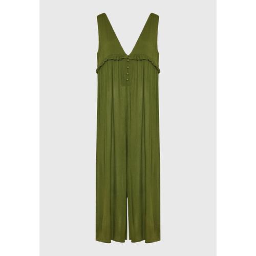 Women’s Artificial Jumpsuit with Ruffles, Low V-Neck & Button Fly Closure