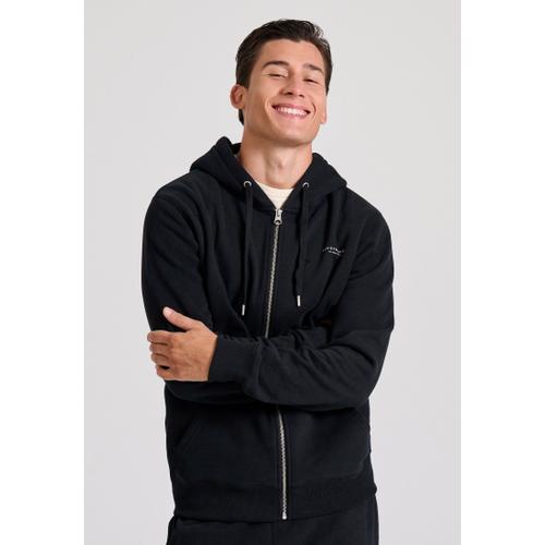 Men's Zip-Up Hoodie with Drawstring Hood and Chest Logo