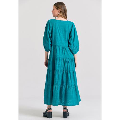 Women’s  Maxi Semi-Shirt Dress with Ruffles, Bouffant Sleeves and Low V-Neck