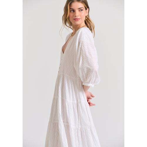 Women’s  Maxi Semi-Shirt Dress with Ruffles, Bouffant Sleeves and Low V-Neck