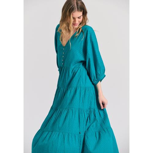 Women’s  Maxi Semi-Shirt Dress with Ruffles, Bouffant Sleeves and Low V-Neck