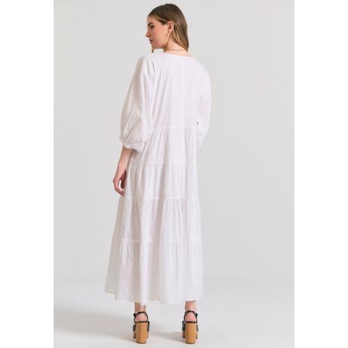 Women’s  Maxi Semi-Shirt Dress with Ruffles, Bouffant Sleeves and Low V-Neck