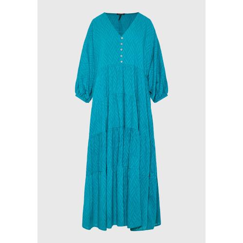 Women’s  Maxi Semi-Shirt Dress with Ruffles, Bouffant Sleeves and Low V-Neck