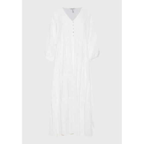 Women’s  Maxi Semi-Shirt Dress with Ruffles, Bouffant Sleeves and Low V-Neck