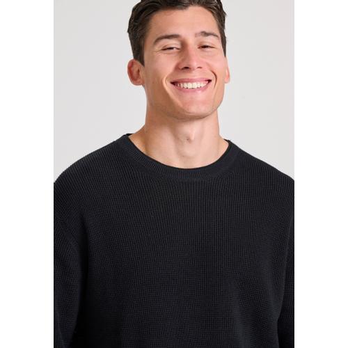 Men's Loose Fit Casual Sweater with Logo Badge, Rib Knit Finishes & Plain Pattern