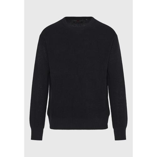 Men's Loose Fit Casual Sweater with Logo Badge, Rib Knit Finishes & Plain Pattern