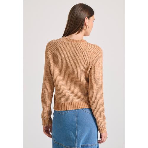 Women's Crew Neck Chenille Pullover with Logo Badge Above the Hem