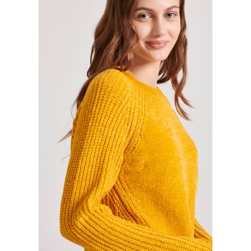 Women's Crew Neck Chenille Pullover with Logo Badge Above the Hem