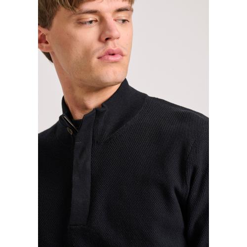 Men's Half-Zip Sweater with Button Placket Closure, Ribbed Finishes & Regular Fit