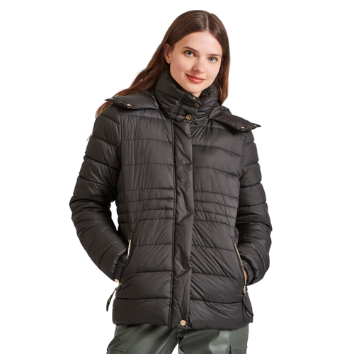 Women's Quilted Puffer Jacket with Detachable Faux Fur Hood