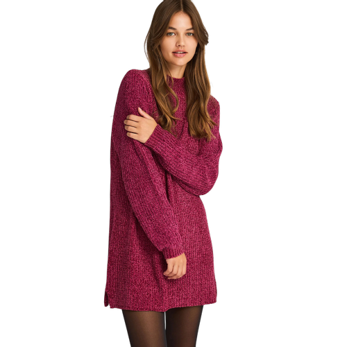 Women’s Knitted Turtleneck Mini Dress in Cozy Chenille with Plain Pattern