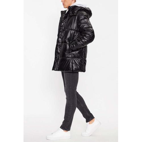 Men's Mid Length Puffer Coat with High Neck and Detachable Hood