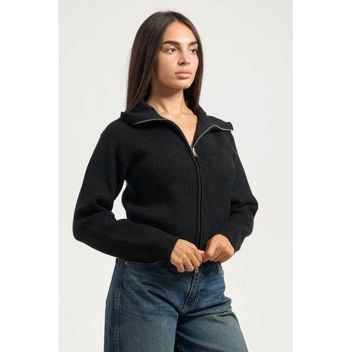 Women's Knitted Cardigan with Stand-Up Collar and Zipper