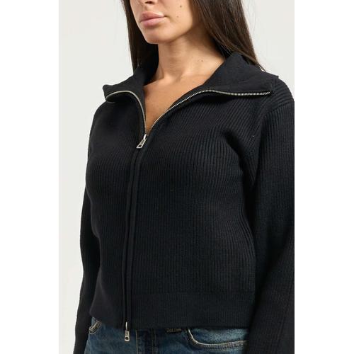 Women's Knitted Cardigan with Stand-Up Collar and Zipper