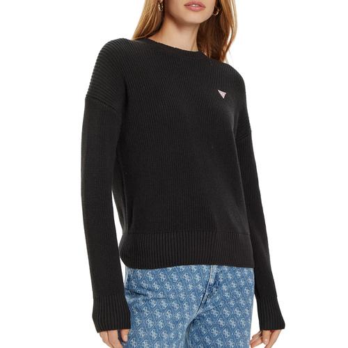 Women's Cotton Sweater with Round Neck and Ribbed Detailing