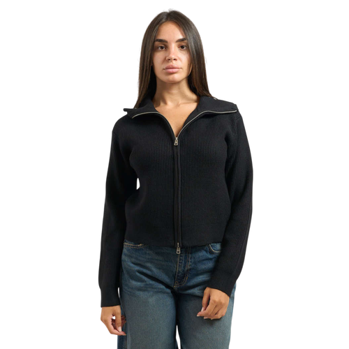Women's Knitted Cardigan with Stand-Up Collar and Zipper