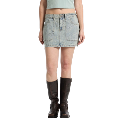 Mini gonna di denim da donna con chiusura a zip e bottone