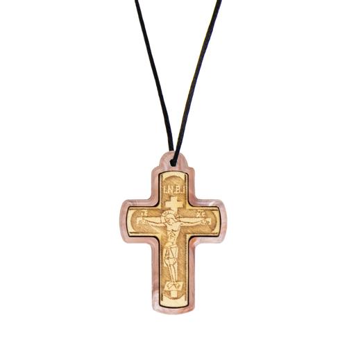 Wooden Cross Necklace with Cord from Mount Athos, Pink Cover