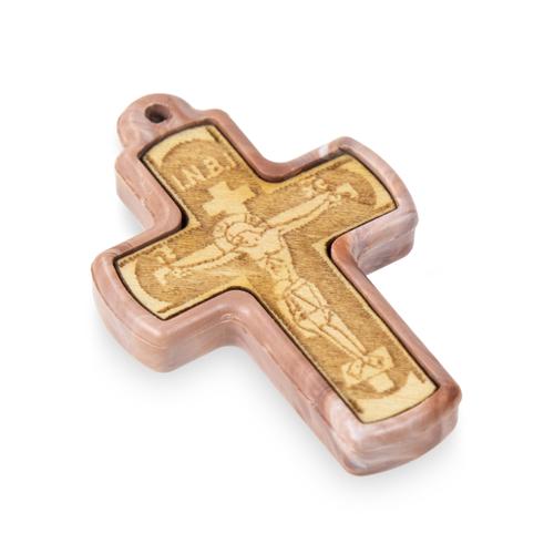 Wooden Cross Necklace with Cord from Mount Athos, Pink Cover