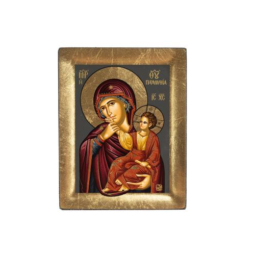 Panagia Paramythia - Embossed Wooden Icon on Canvas with Golden Background