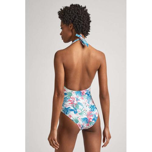 Women's Hibiscus One-Piece Swimsuit with Floral Print, V-Neck and Back Tie