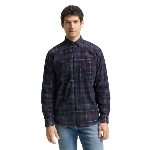 Men's Corduroy Shirt with Checked Pattern and Pockets